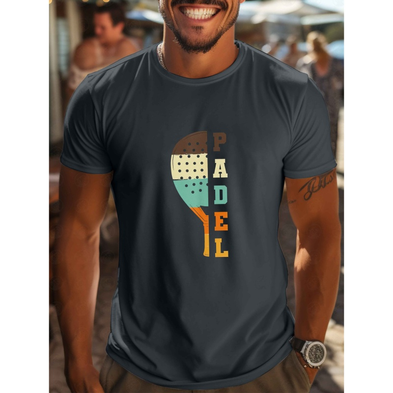 

T-shirt imprimé décontracté pour hommes, 100% polyester, col rond, manches courtes, tissu tricoté d'été, coupe régulière, ceinture - Vêtements pour