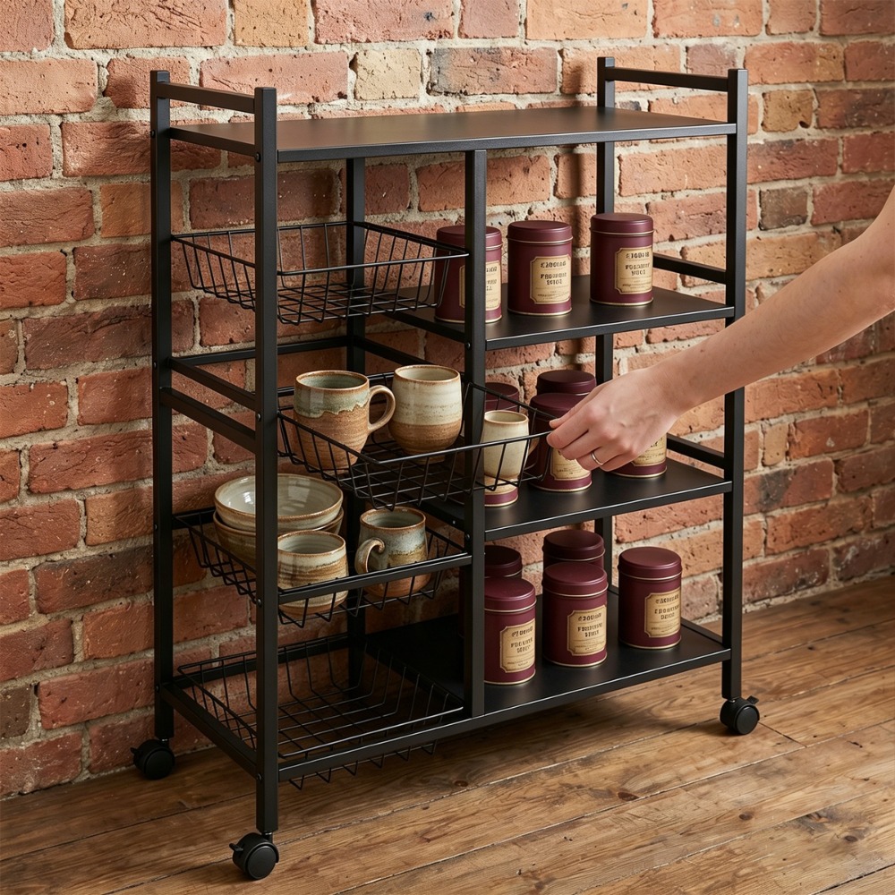 4-tier Rolling Storage Cart With Lockable Wheels, Sturdy Metal Frame Storage Rack, 105 X 80 X 32cm Space Household Organizer Shelf For Home Garage, Standing Shelf, Standing Shelf