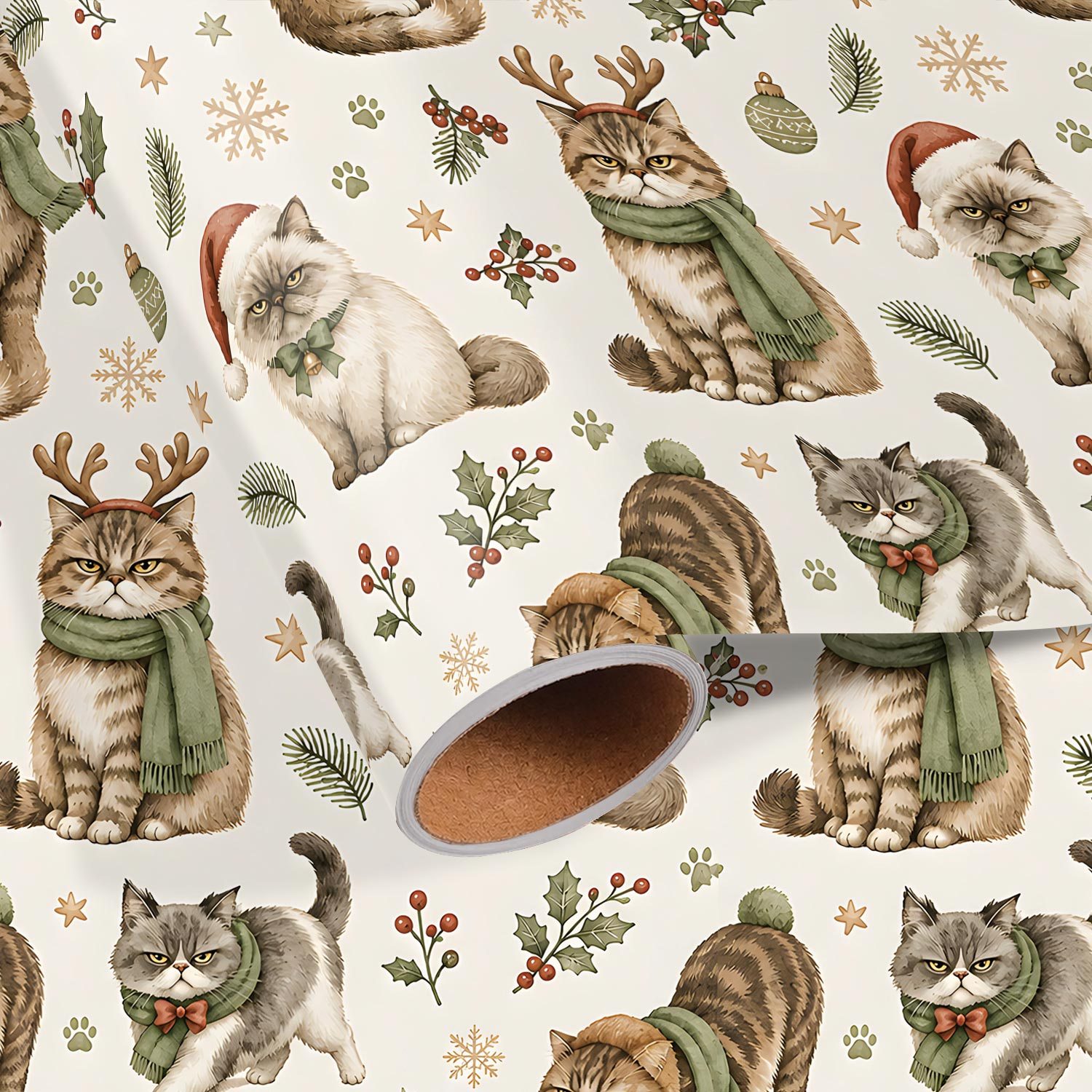 TEMU Roll Christmas Cat Wrapping Paper Suitable For Xmas Gifts, Birthday Party Decorations - Cats In Santa Hats, Scarves, Reindeer Antlers & Holly
