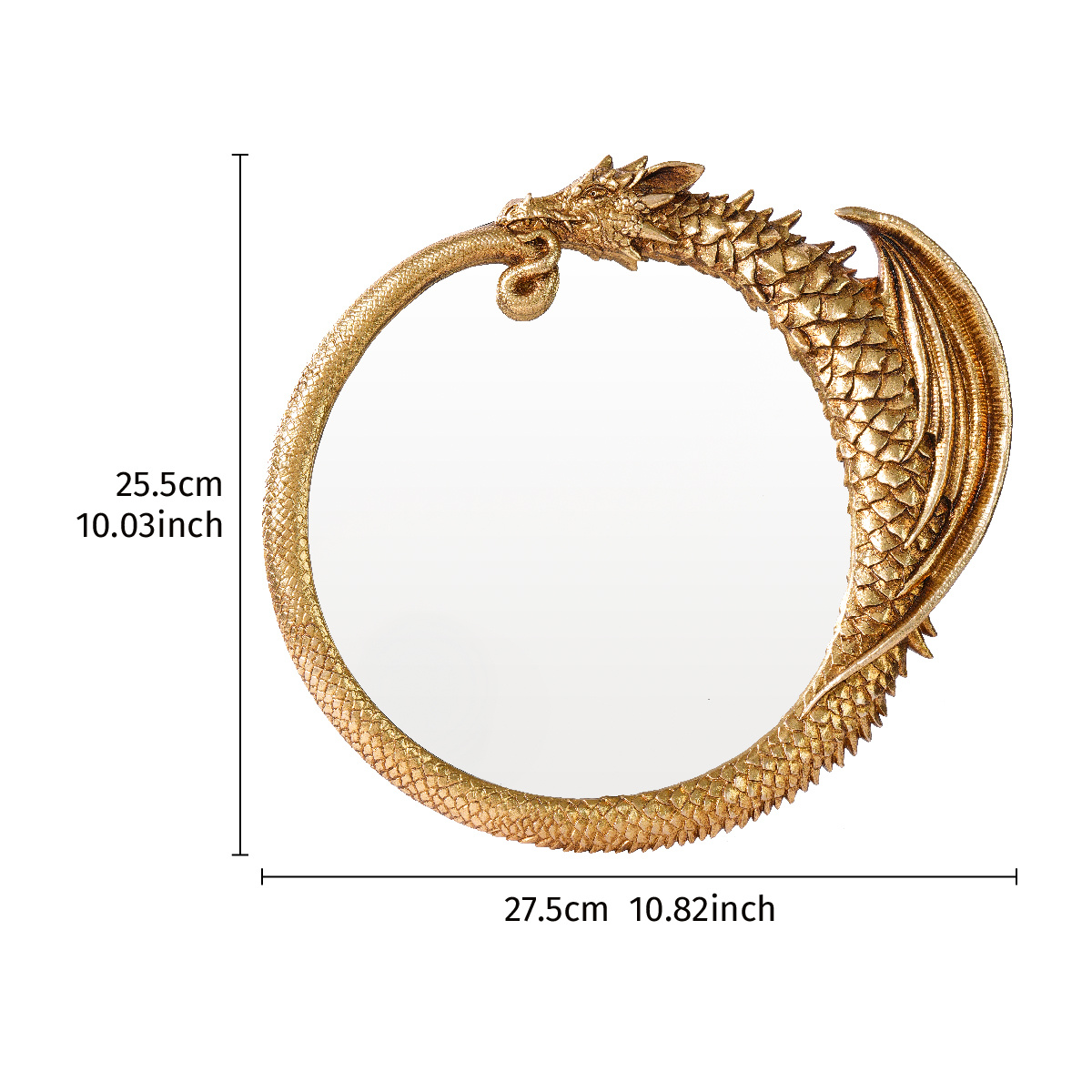 E-shop [Wandskulpturen] ., Kreative Retro Goldene Harz Material Fliegender Drache Runder Spiegel, 3D Geschnitztes Handwerk, Geeignet für Wohnzimmer