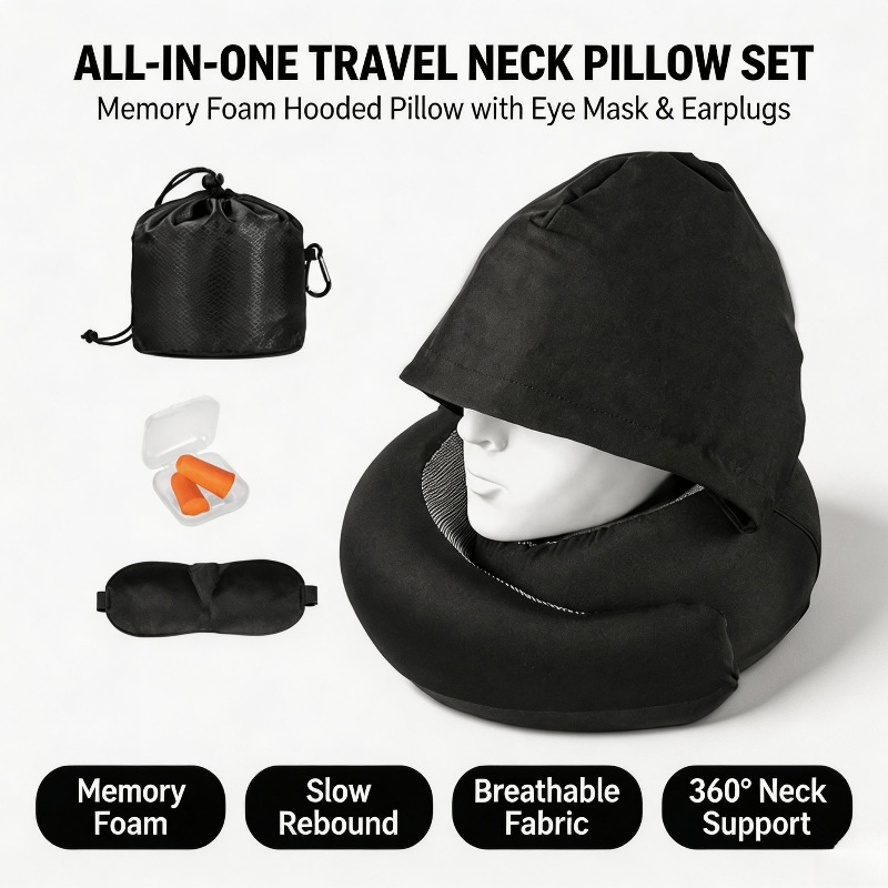 TEMU Hooded Travel Neck Pillow For Adults, All In Shaped Neck Cushion Set With Storage Bag, Eye Mask & Earplugs, 360° Neck Support, Portable Travel