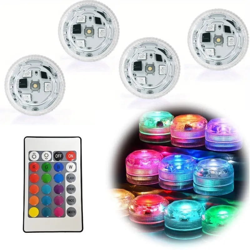 IP68-4er-Set batteriebetriebene RGB-Tauch-LED-Leuchte, Unterwasser-LED-Leuchte mit Fernbedienung als Nachtlicht, für Aquarium, Pool, Vase, Innen- Außendekoration, Stimmungslicht, Hochzeits-Partylampe