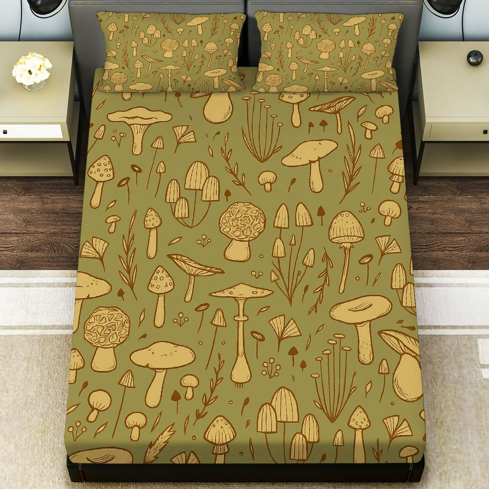 three piece bedding featuring forest mushrooms and plants 1 fitted sheet 2 pillowcases no filling with   theme soft and breathable mattress protector