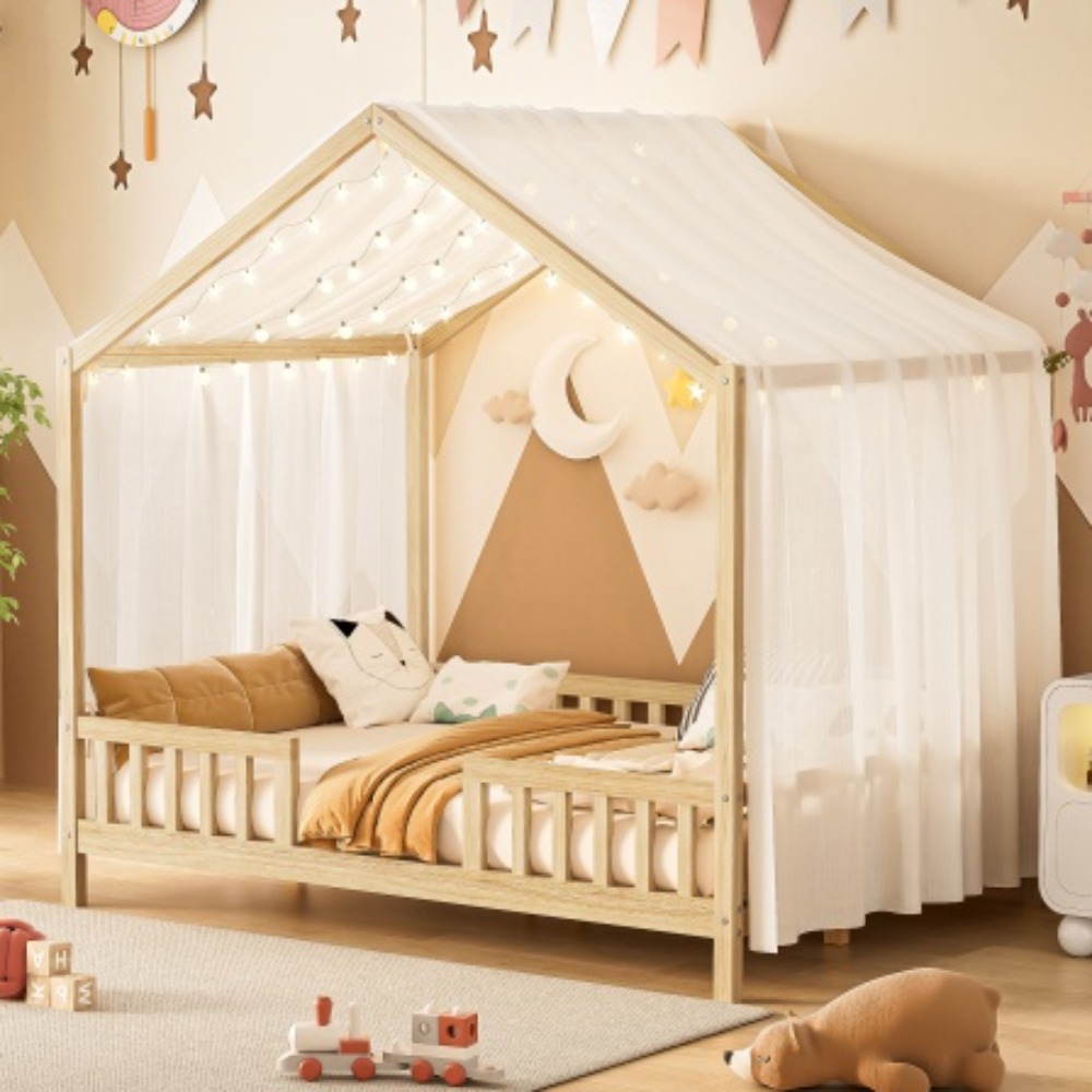 Full Bed Frame for Kids, House Shape Bed Frame with High Railings, Wood Kids Bed with Roof, Kid Full Bed, Natural