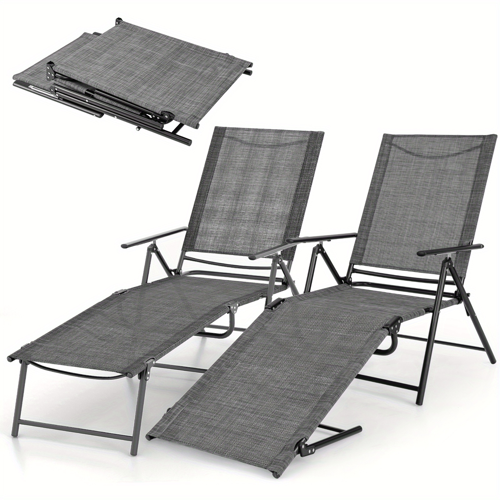 Image of 2pcs Folding Chaise Lounge Chair, Adjustable Reclining Beach Chairs With 6 Adjustable Gears, Chaise Lounge Chairs For Yard Porch Deck Backyard, Adults 150kg