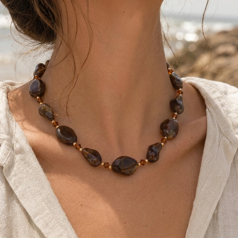 TEMU 1 Collar Retro de Cuentas Irregulares, Cadena Asimétrica con , Estilo Vacacional de , Accesorio de Joyería de Lujo para Mujer