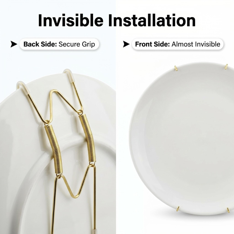 Adjustable Invisible Plate Hangers for Wall Display - Spring Wire Picture Mounts with & Golden Coating, Retains Elasticity Suitable for Gallery Walls, Art Studios, Modern Living Room Decor, Discreet Plate Holders