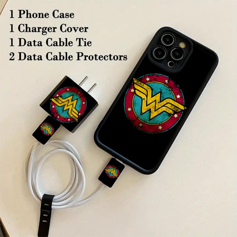 TEMU Phone Case: Warner . Wonder Woman Logo 5pcs Set, Including 1 Phone Case, 1 Charger Sleeve, 1 Cable Tie, And 2 Cable Sleeves. Suitable For Iphone