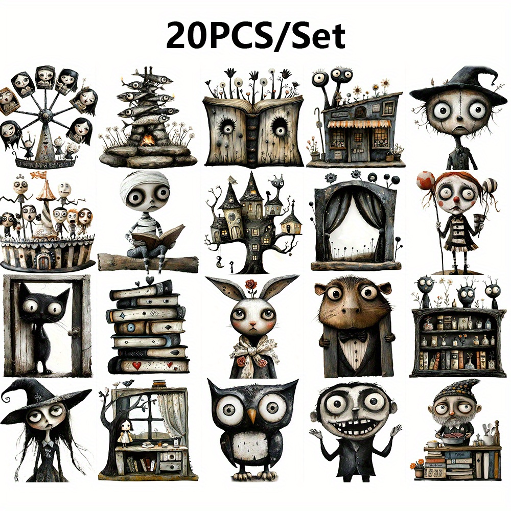 Image of 20pcs Handmade Diy Retro Whimsical Aesthetic Stickers - Unique Halloween-themed Decals For Scrapbooking, Laptops, Travel Gear & More | Spooky , Haunted Houses, & Pumpkins | Perfect Gift For Girlfriend