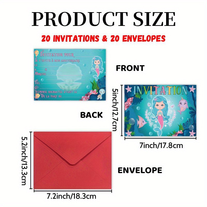 TEMU Invitations Lettre 20 Cartes et 20 Enveloppes, Fête Océan Sirène Française - Carte d'Anniversaire Parfait pour Amis de Classe Réunions &