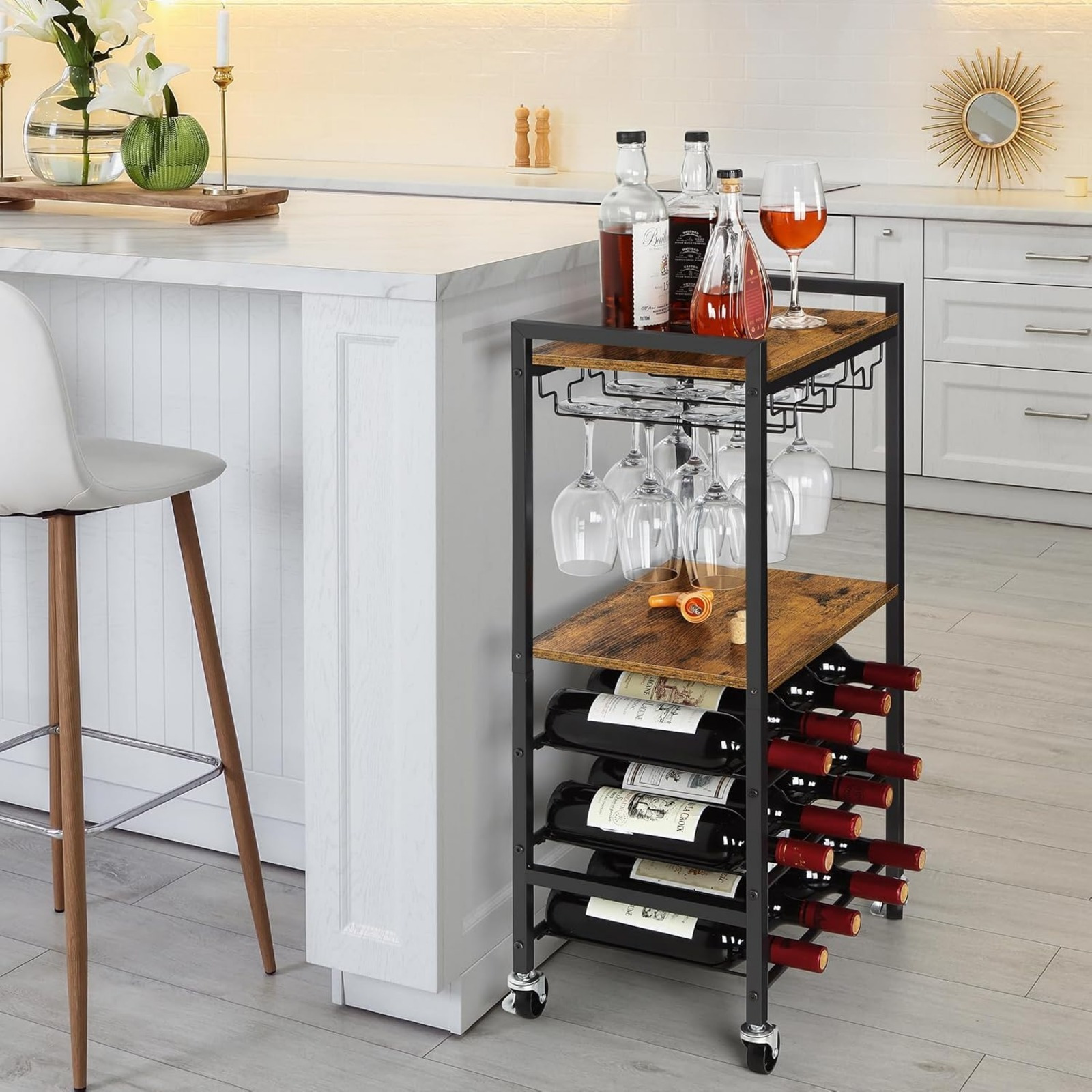 Small Bar Cart with Wheels Rolling Wine Cart Rack Freestanding Floor Wine Bar Table Bottle Stand Rack Liquor Bar Cart Shelf with Glass Holder for Home Kitchen Dining Room Bar