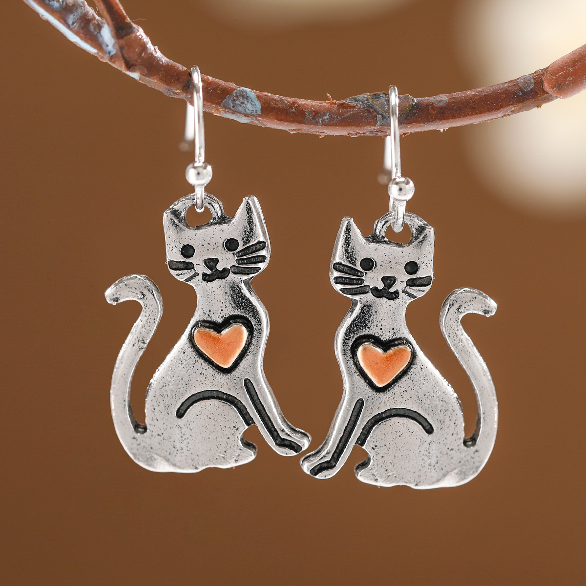 Cute Two-Color Love Heart Kitten Shaped Pendant Earrings