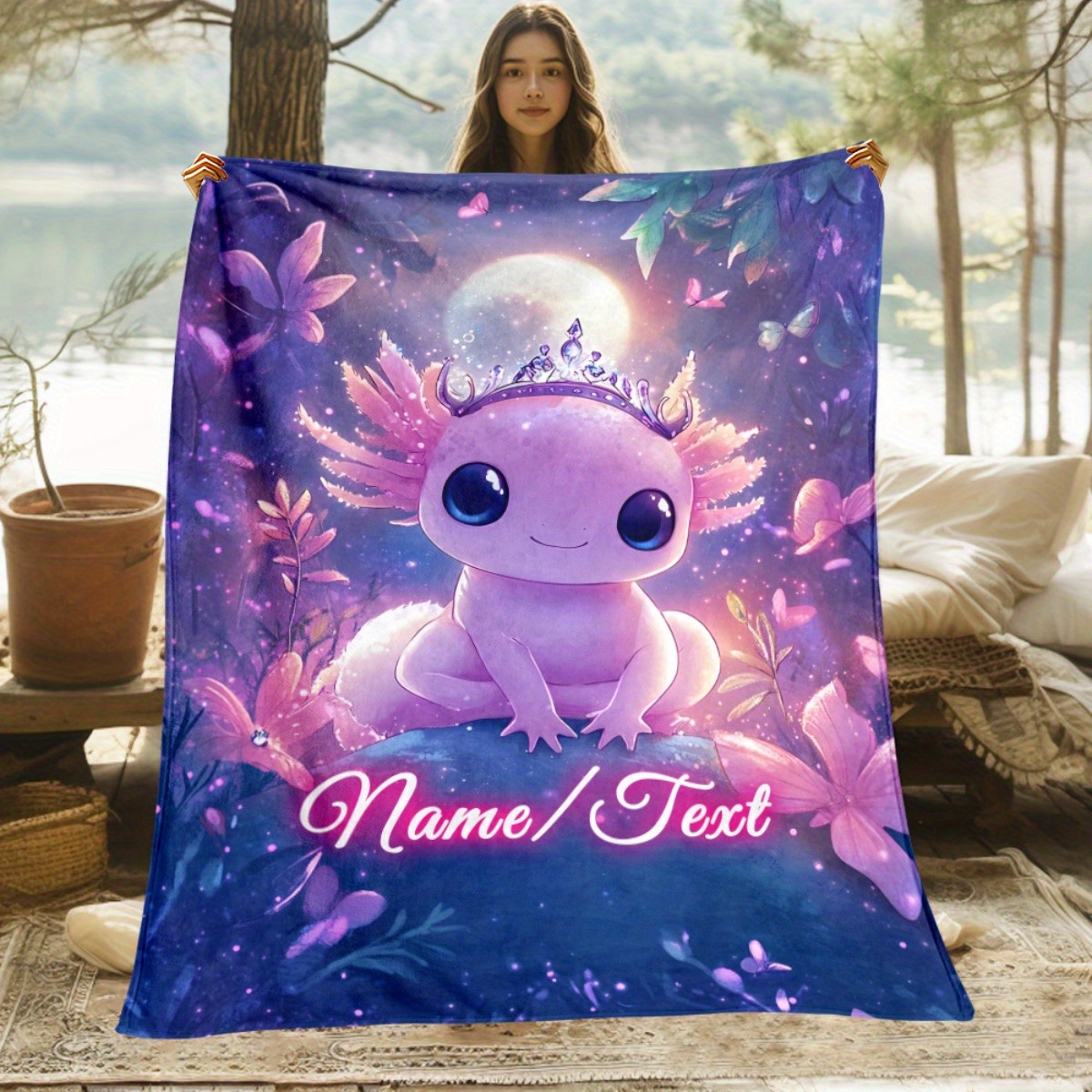 TEMU 1pc Custom Name Purple Axolotl On Rock Blanket - Lightweight Flannel Bedding Blanket Suitable For Sofas, Beds, Travel, Camping, Living Rooms,