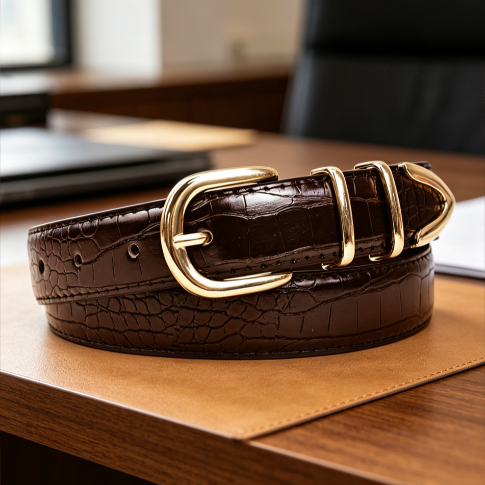 TEMU Ceinture marron pour femme à motif crocodile , ceinture décontractée habillée adaptée aux robes, jupes à carreaux, chemises, vestes et t-shirts.