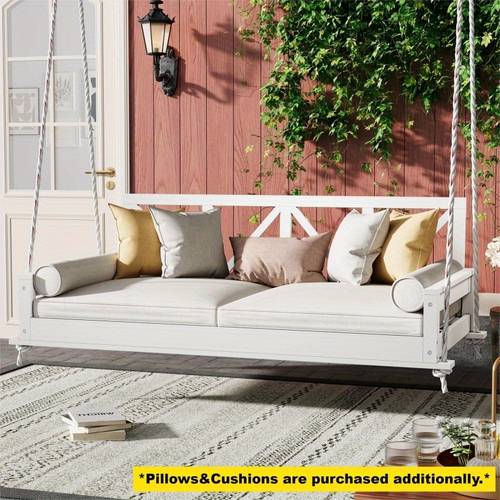 acacia wood twin size patio swing bed ergonomic high back hanging bed frame with 16 4ft hemp ropes 350lb capacity weather resistant solid wood construction for garden backyard porch white garden seating outdoor relaxation sturdy armrests