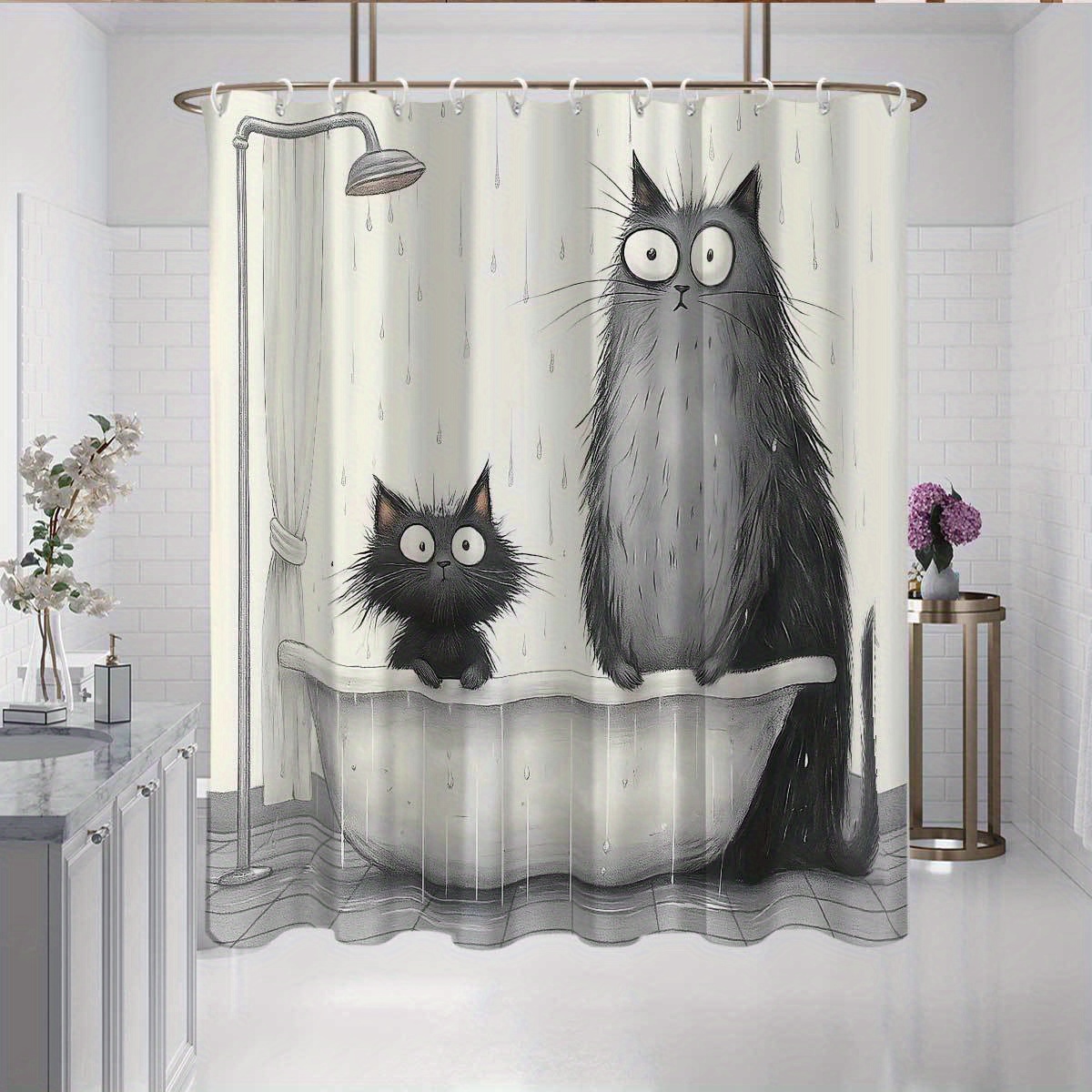 E-shop 1 Stück Niedliche Katzen-Duschvorhang - Badezimmerdeko mit Haken, maschinenwaschbarer Polyester-Vorhang für Privatsphäre, kordelloses