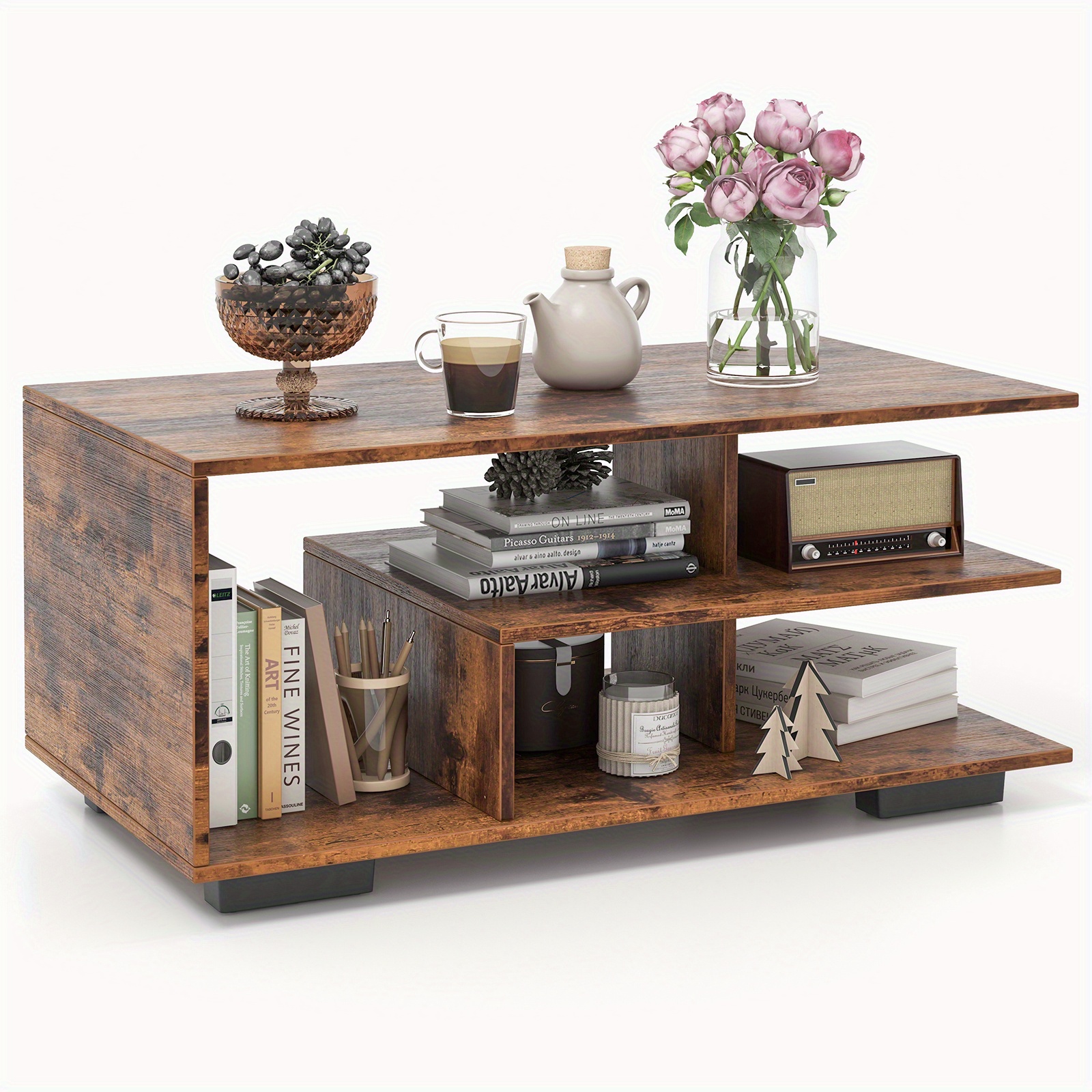 Coffee Table With Storage, Modern Rectangular Center Table With L-shaped Middle Shelf