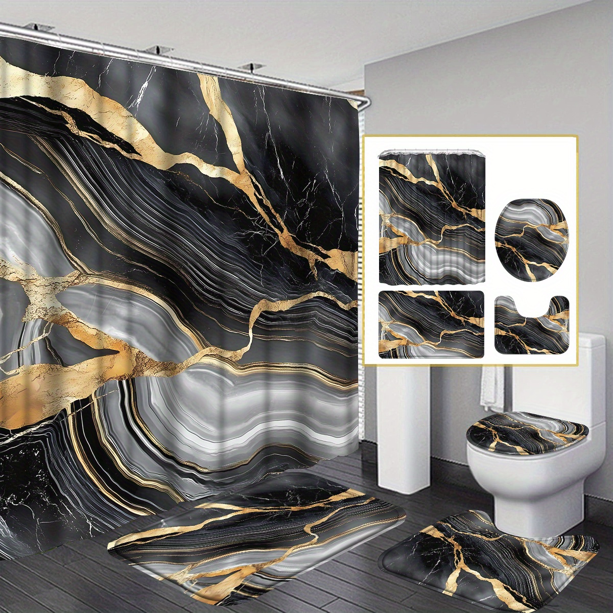 TEMU 4pcs Gold Marble Bathroom Shower Curtain Sets, Gold Cracked Line Shower Curtain Sets With Rug, Modern Abstract Shower Curtain Set, With 12 Hook,