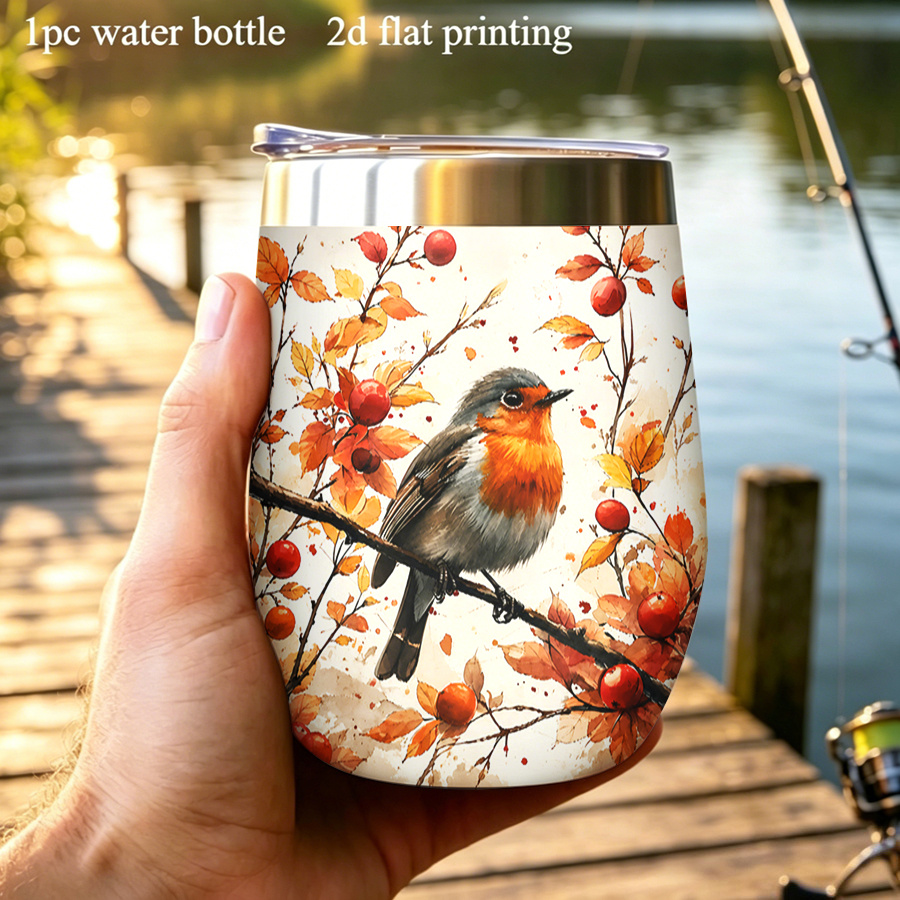 TEMU 1pc 12oz/ 360ml 2d Printed Water Bottle With Lid Thermal Travel Mug Featuring 2 Robins On Berry-laden Branches Amidst Warm In A Delicate