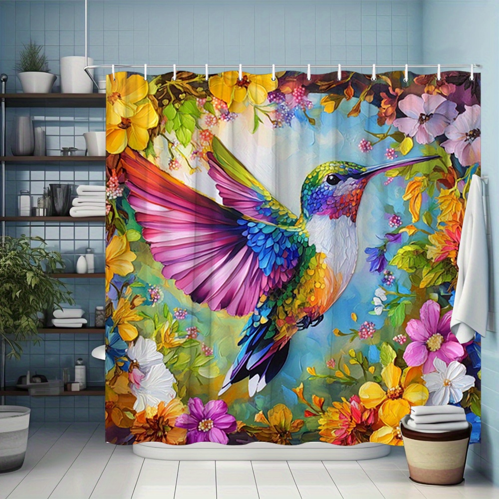 TEMU Shower/bath Curtain 1pc Hummingbird Shower Curtain - Iridescent Colorful Flowers & Art Design, Durable Polyester Fabric, 70.8x70.8 Inch Bathroom