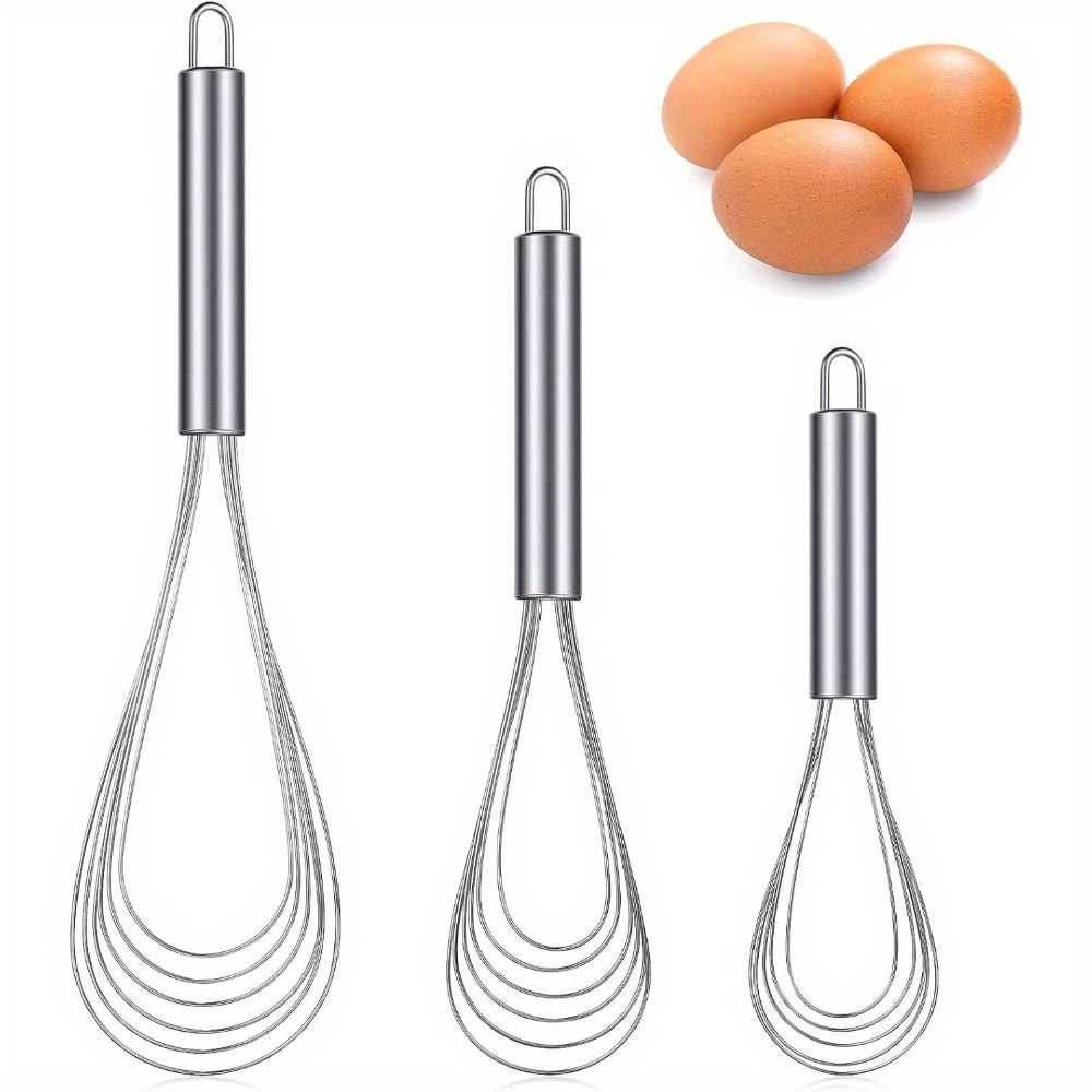 Image of 2pcs / 3pcs Stainless Steel Kitchen Flat Whisk Set 8 Inch, 10 Inch And 11.6 Inch Stainless Steel Flat Wire Egg Utensils Whisk 6 Wires Egg Mixing Whisk For Cooking Blending Whisking Beating Stirring