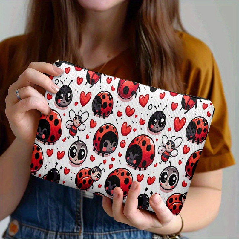 TEMU 1pc, Ladybug Love, Zipper Closure Makeup Bag, Durable And Fade-resistant Bag, Convenient Storage Bag, Student Pencil Case, Toiletry Bag, Pen Bag