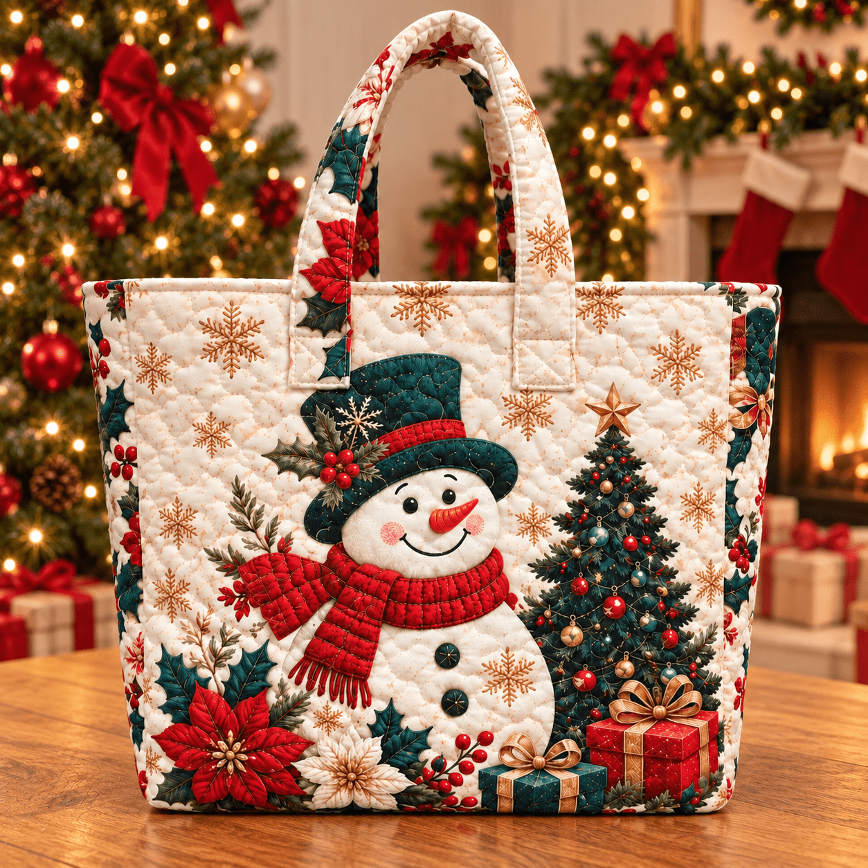 TEMU 1pc Women's Extra Wide Quilted Tote Bag, Christmas Snowman Tree Poinsettia Print, Large Capacity Lightweight Handbag Shoulder Bag For Holiday