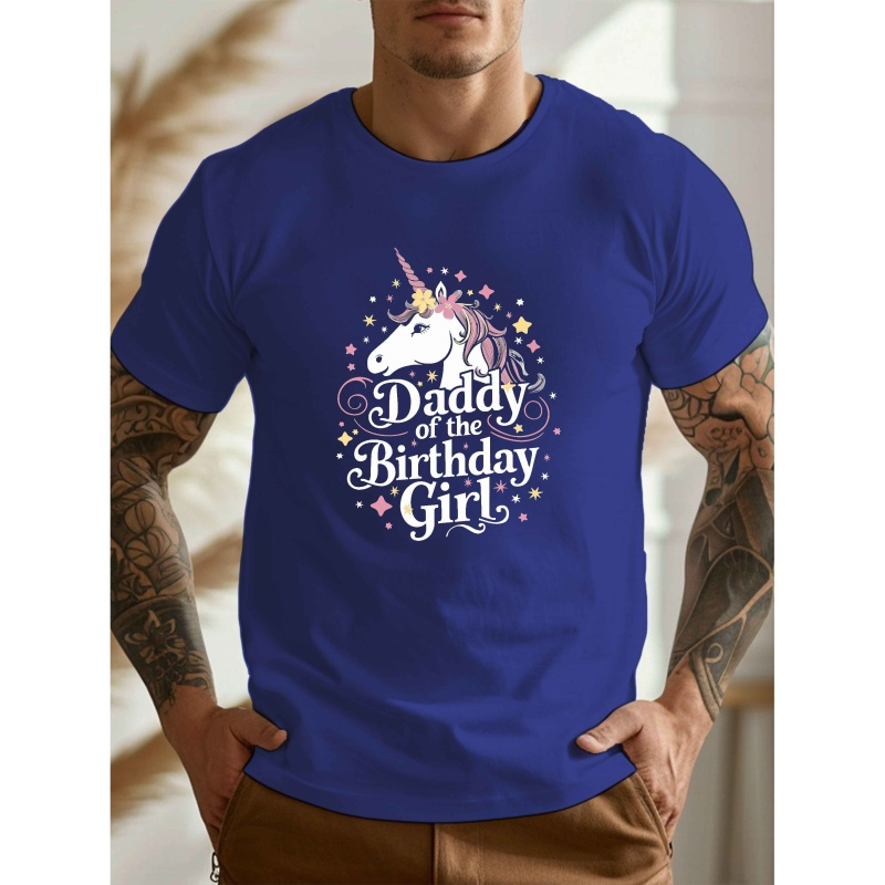 

Daddy Of The Birthday Girl" Unicorn Graphic Tee For Men - Casual Crew Neck Short Sleeve, Lightweight Polyester Summer Shirt With Pink Glitter Design