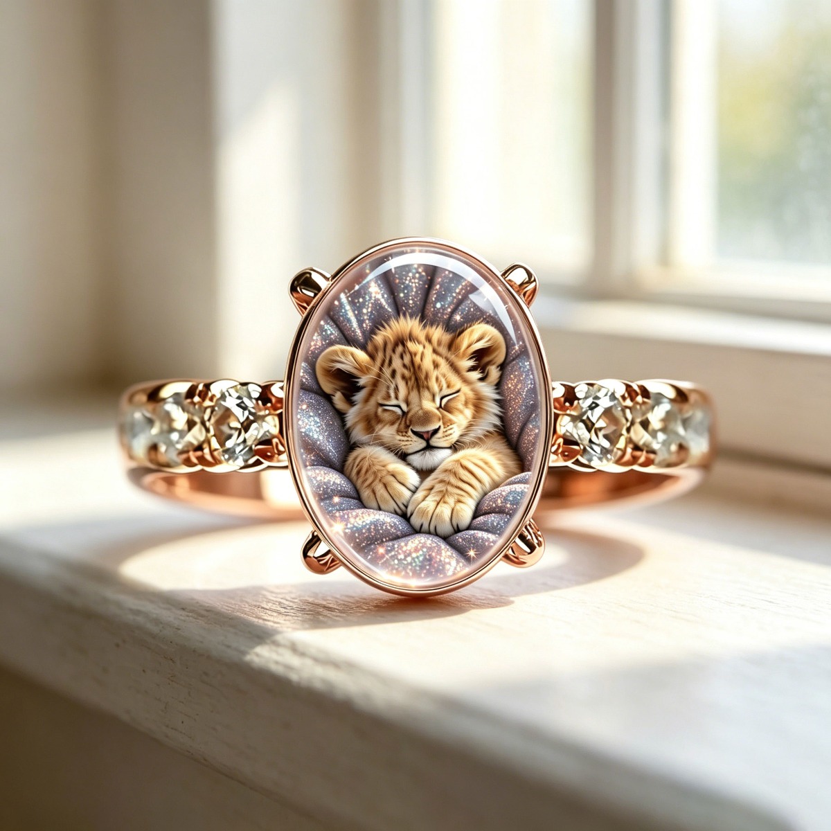 Vintage Gentle Sleeping Lion Cub Pattern Women's Ring