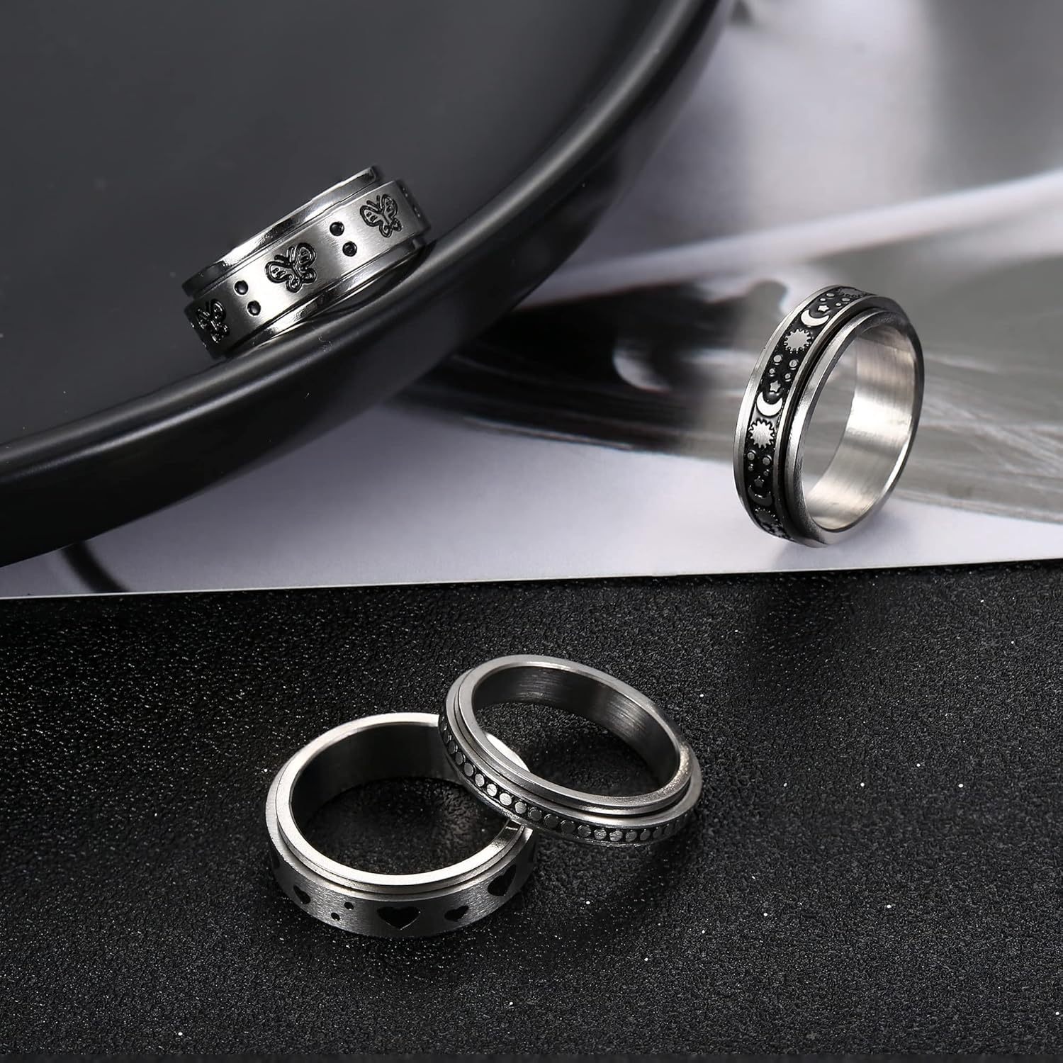 9pcs 316l stainless steel rings for men women hypoallergenic relieving stress fidget band spinner   star sand blast   ring set Product details 1