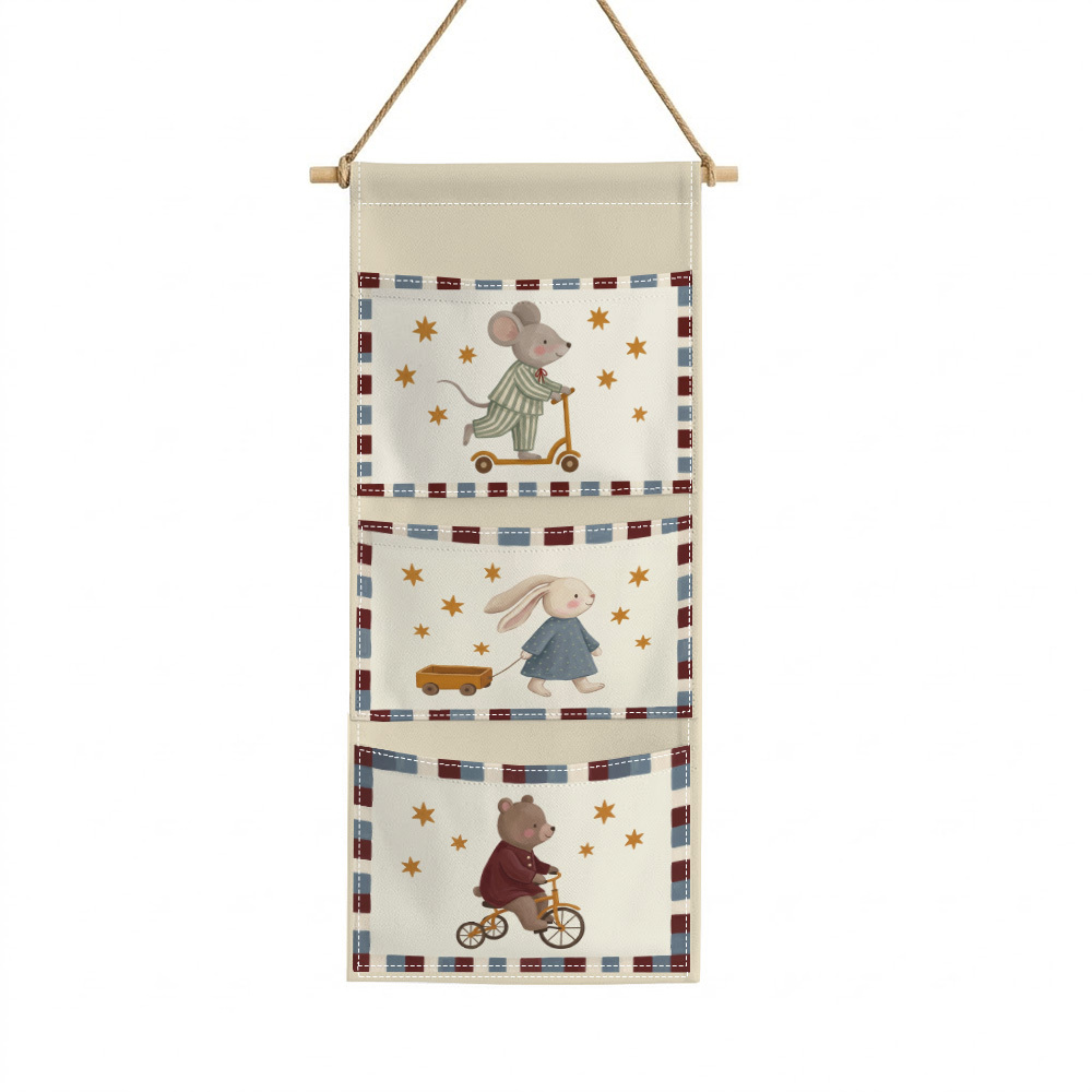TEMU 1 pieza Bolsa de almacenamiento colgante con estampado estético de animales y juguetes de de ratón, y oso, 3 bolsillos, organizador de pared y