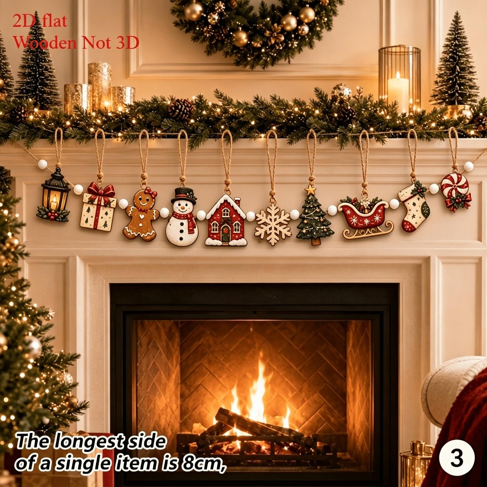 10pcs set retro christmas wooden cutout ornament set 2d flat wooden pieces with   rope and wooden beads wind lantern gift box gingerbread man snowman snowy cottage snowflake christmas tree sleigh christmas stocking