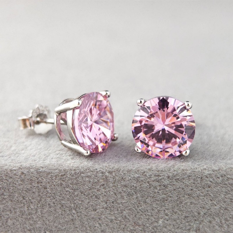 S925 Silvery Pink Synthetic Earrings, Classic 4 Claw Design