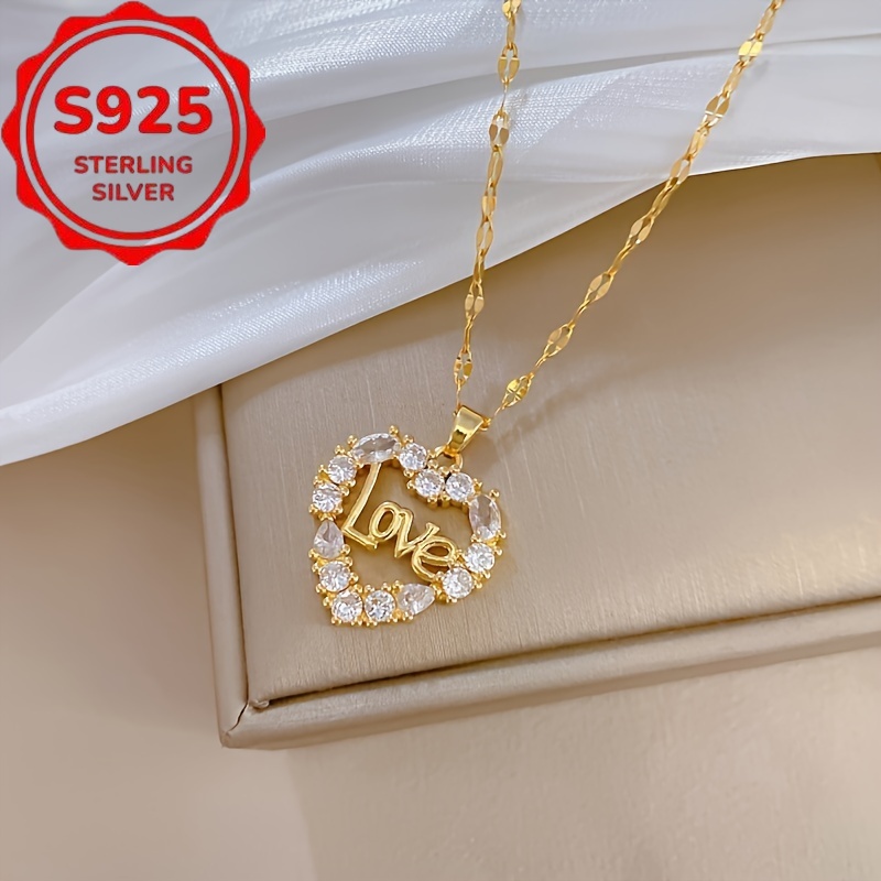 TEMU Collier avec pendentif de cœur LOVE en argent S925, de synthétique étincelante - Bijou de tous élégant pour femmes, parfait pour différents