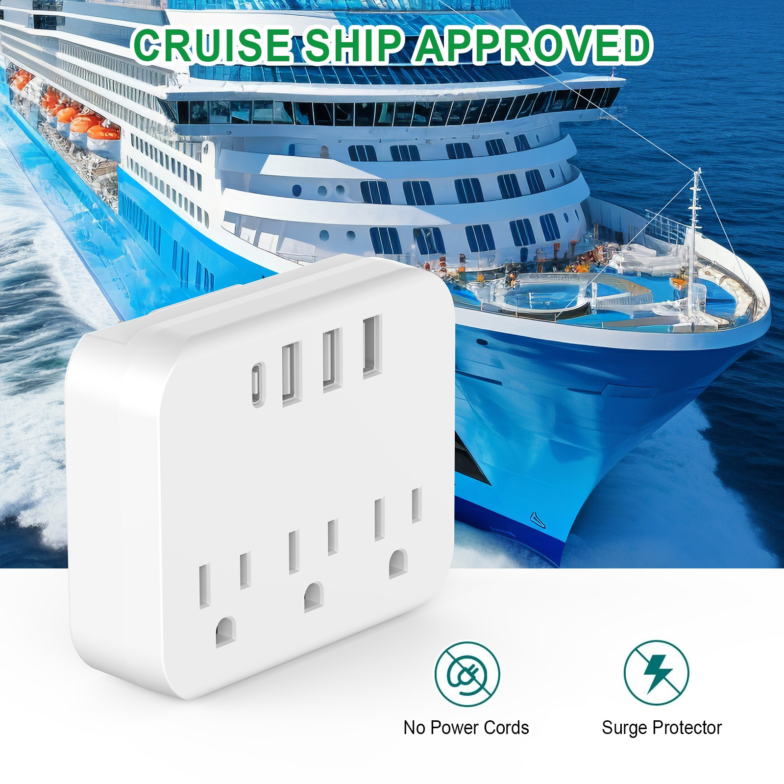 

1pc Cruise Ship Approved , With 3 Ac Outlets, 3 Usb , 1 Type-c Port, Us Plug, 110-130v, For Home, Office, And Travel