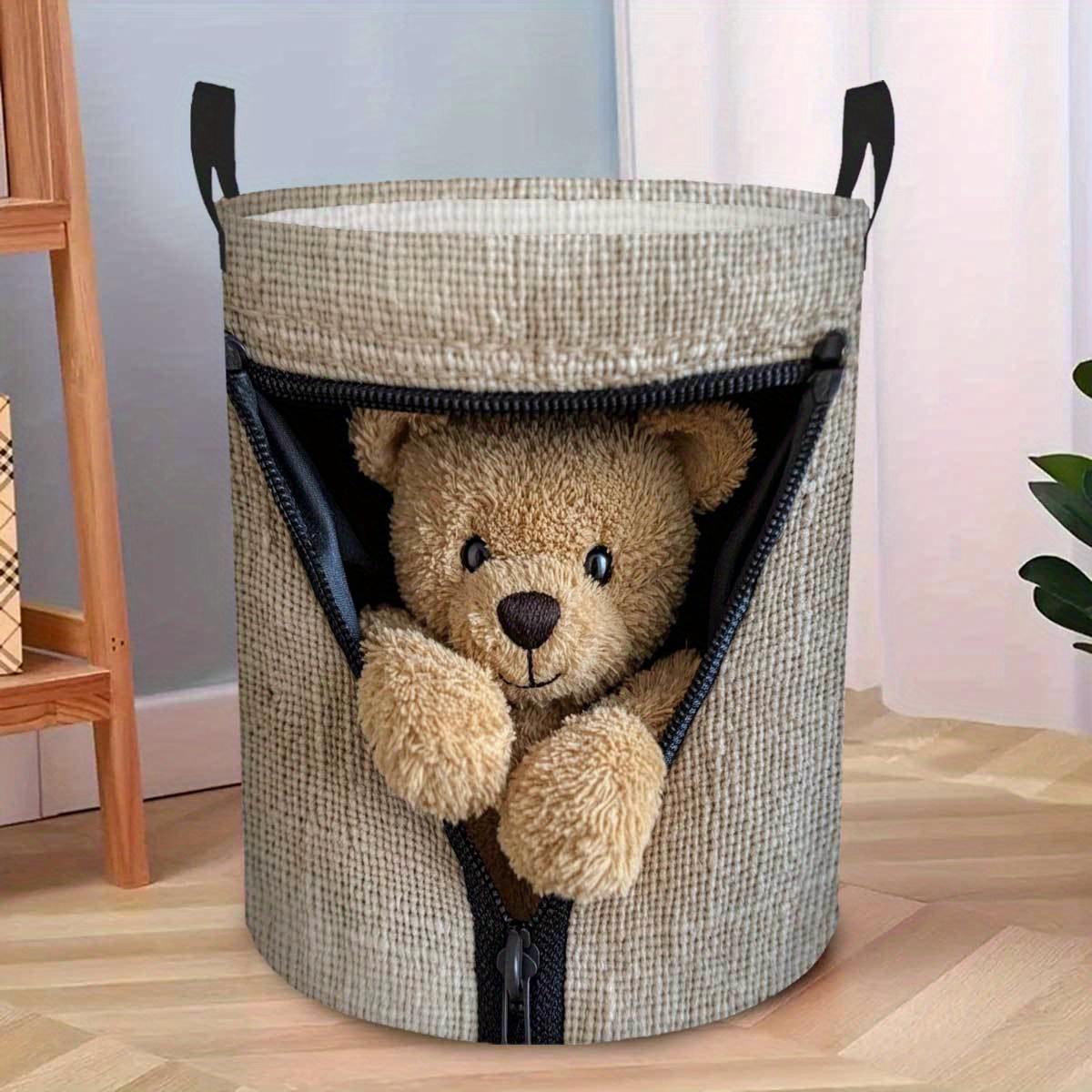 TEMU 1pc Beige Fabric Washable Teddy Bear Laundry Basket Cute Animal Theme Spacious Practical Storage Organizer Rooms During Spring And Everyday Home