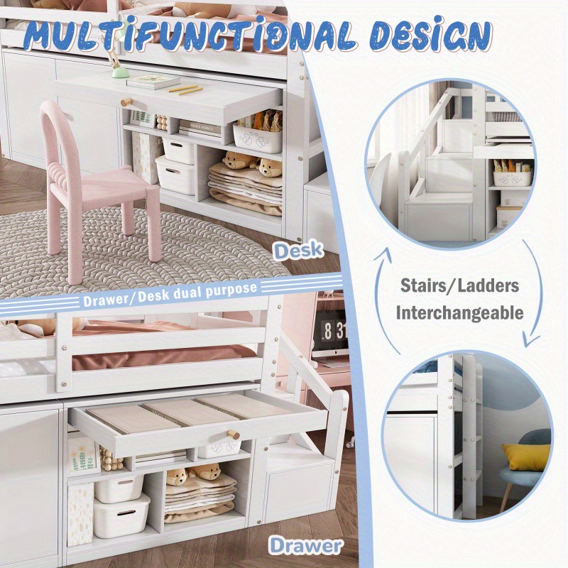 Multifunctional White Wooden 'S Bed with Stairs Storage Space and Reversible Drawers for Desk Use Left Right Interchangeable Design 90190 cm Without Mattress
