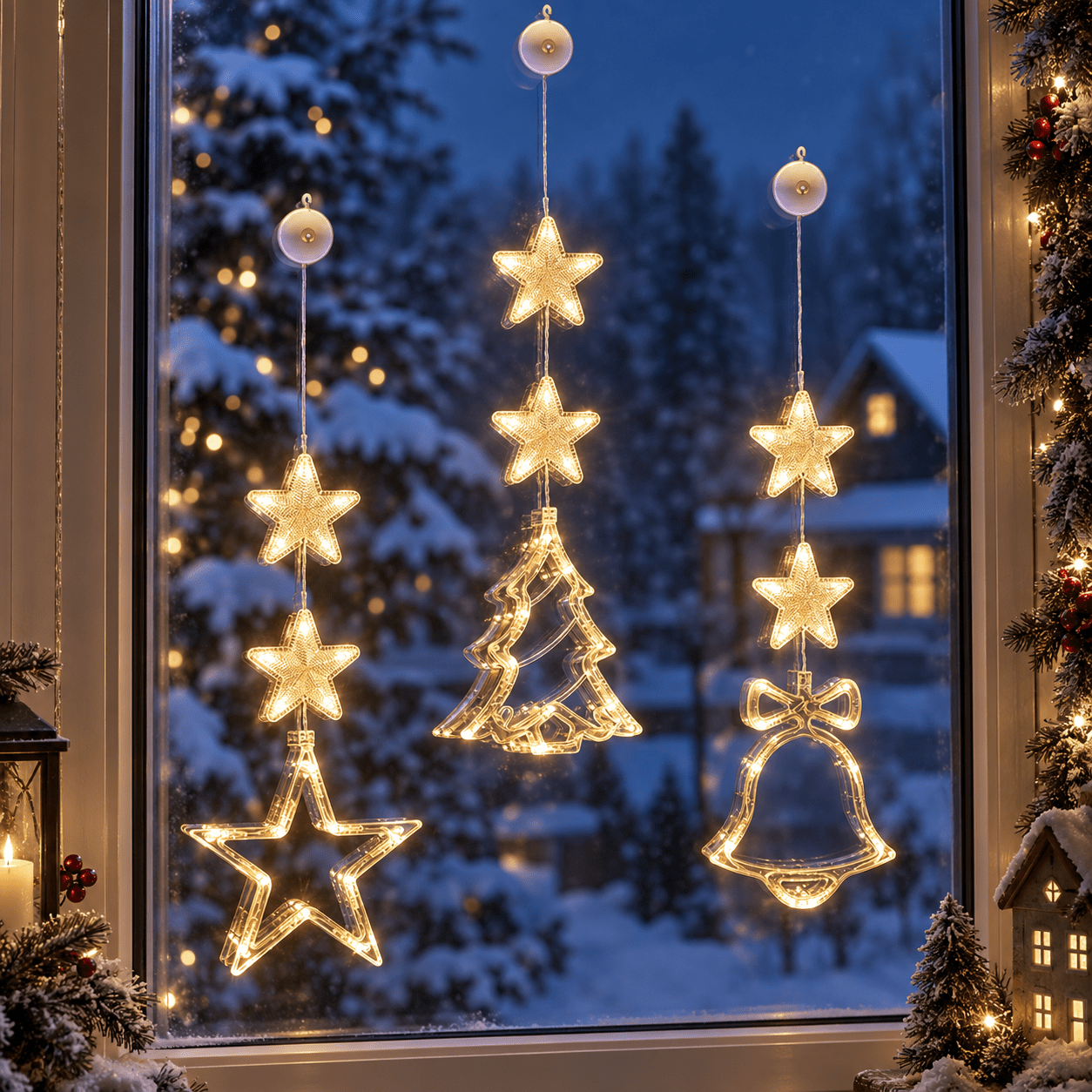 TEMU 3-delige LED decoratieve snoerverlichting voor binnen, kerstraamverlichting met zuignappen, op batterijen werkende hangende ster-, kerstboom-,