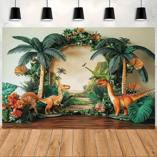 one dinosaur party banner colorful polyester backdrop featuring tropical plants and dinosaur images birthday celebrations and themed parties party decor theme sturdy decoration dinosaur themed room decor