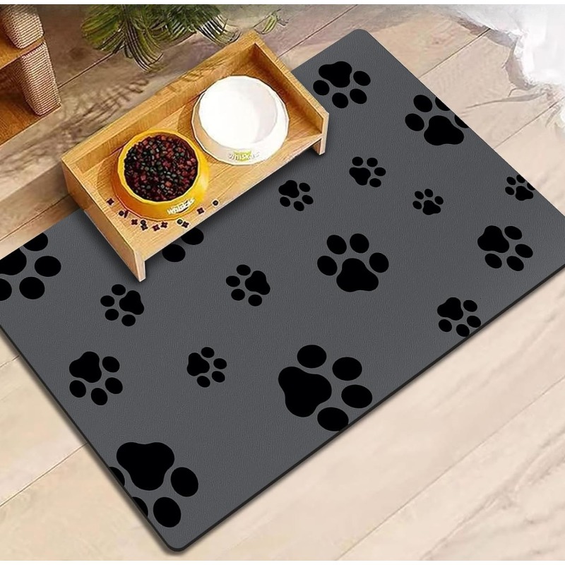 TEMU 1pc, Pet Feeding Mat With Paw Print Pattern, Non-slip Rubber Base, Gray Base Color With Black Print Pattern, Suitable For All Breeds Of Cats And