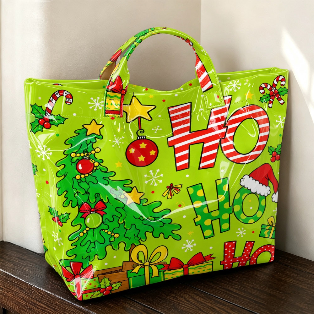 TEMU 1pc Background Letter, Christmas Tree, Candy Cane, Gift, Snowflake And Santa Hat Print Pvc Hand Tote Bag, For Christmas Party, Gift Storage,