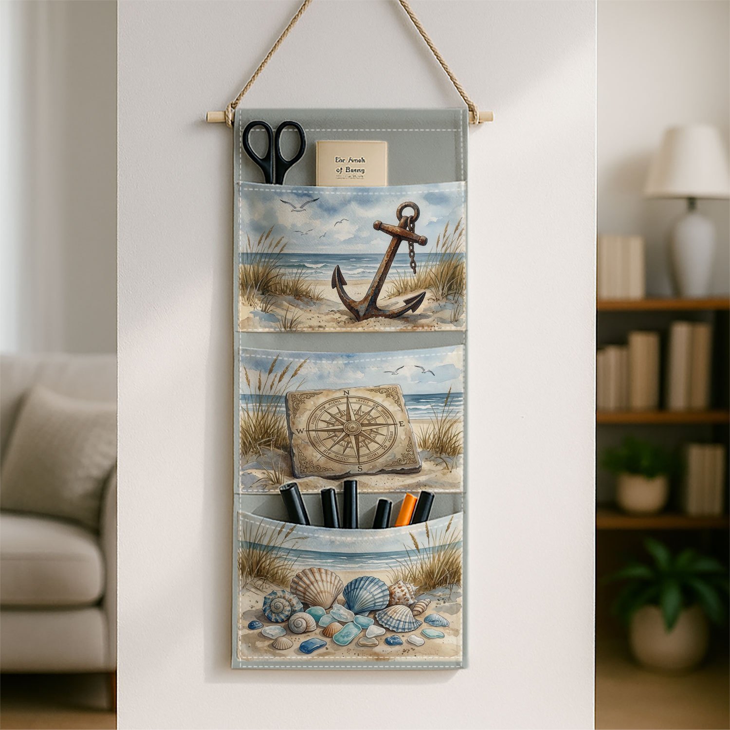 TEMU Borsa portaoggetti da parete vintage, 1 pz - Borsa portaoggetti a pi羅 livelli da appendere con motivi di , bussola e conchiglia, salvaspazio per