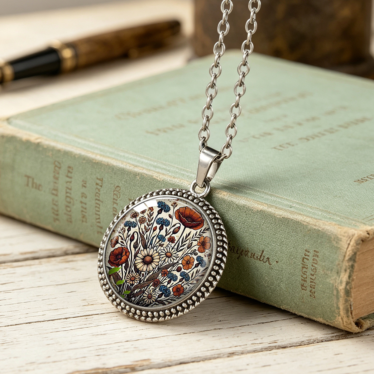TEMU 1pc Collier Pendentif Rond Motif de Plante de Fleurs Mixtes Rétro Unisexe Style Naturel Bijou