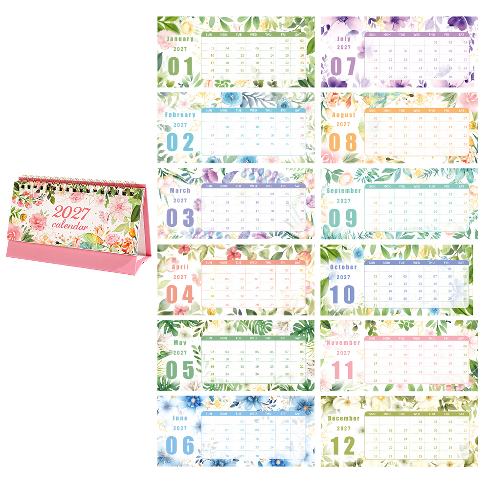 TEMU Calendrier de bureau floral 2027, planificateur de table portable et mensuel, organisateur de dates, calendriers hebdomadaires de bureau, petite