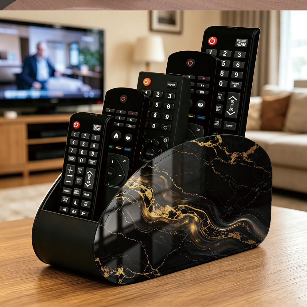 Image of 1 Faux Leather Remote Control Organizer, Black And Pattern, With 5 Compartments, Suitable For Storing Tv Remotes, Glasses, Brushes, , Pens And Other Items, Space, Open Storage Box For Home Storage For