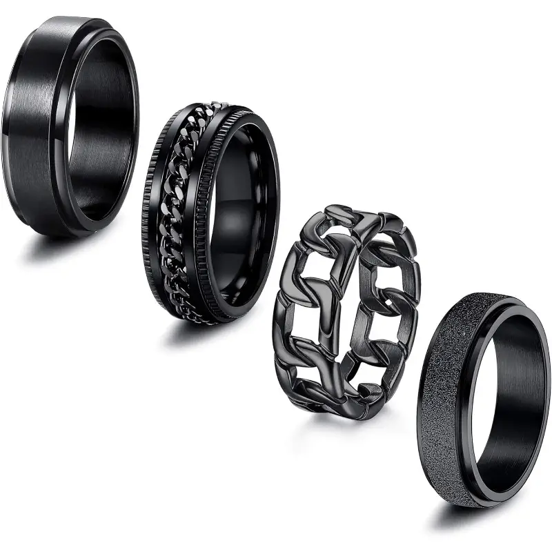 4pcs 316l stainless steel anxiety ring for women men black spinner rings fidget ring set 6 8mm wide stress relieving fashion wedding promise band rings Product details 4