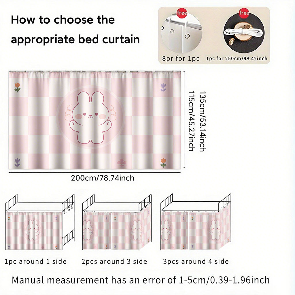 TEMU Heart Sprouting Rabbit Pink Plaid Bed Curtain, Decorated With Cute , A Warm And Atmosphere, Suitable For Student Dormitories To Create Private