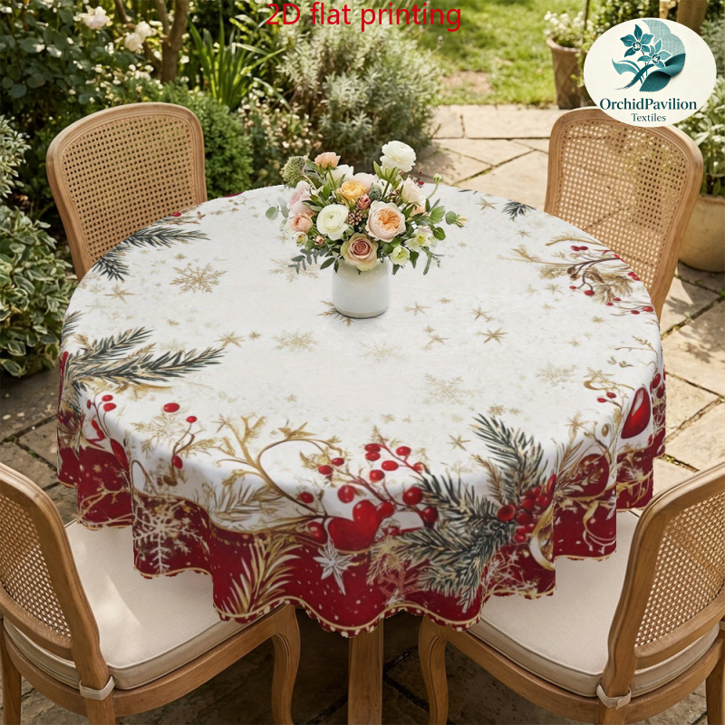TEMU Scalloped, Round Tablecloth, 1pc, 2d Flat Printing, Round White Background Golden Snowflake Christmas Printed Tablecloth, Polyester Material,