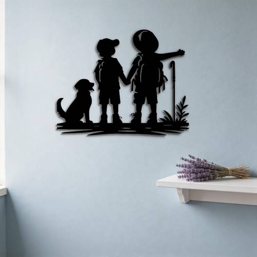 da parete 2d piatta, 1 , da parete 2d piatta, da parete in metallo con silhouette di due bambini e cane in escursione, decorazione da parete per , cucina, casa, regalo di halloween, inaugurazione , decorazione religiosa, regalo per il