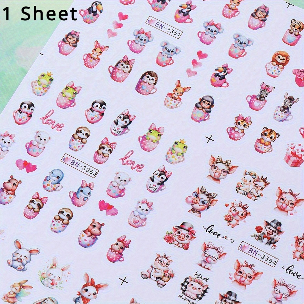 1sheet/12styles Cute Cartoon Animal Nail Transfer Stickers Rabbit Cat Sheep Panda Penguin Tiger Cute Animal Nail Stickers Slider Nail Art Decoration